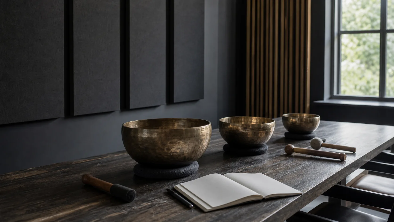 Editorial training scene with singing bowls, mallets and a notebook