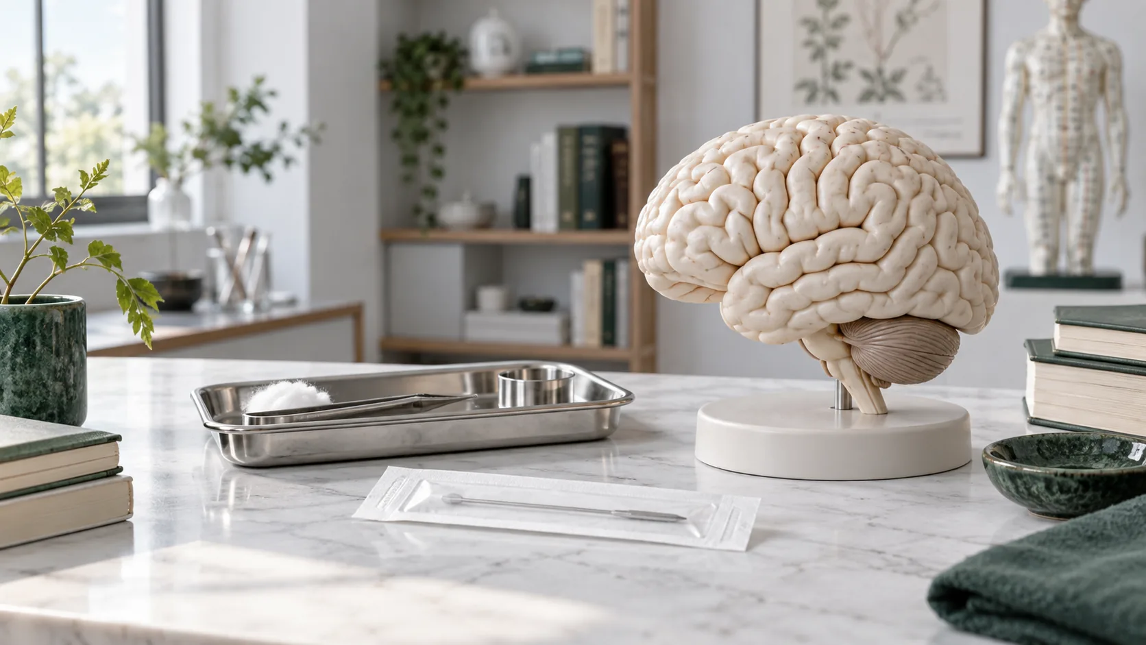 An anatomical brain teaching model beside an instrument tray in a light-filled study, an AI-generated editorial illustration.