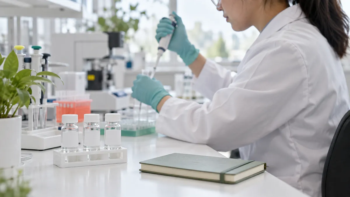 A researcher at a bright laboratory bench with blank-labelled sample vials in the foreground, an AI-generated illustration.