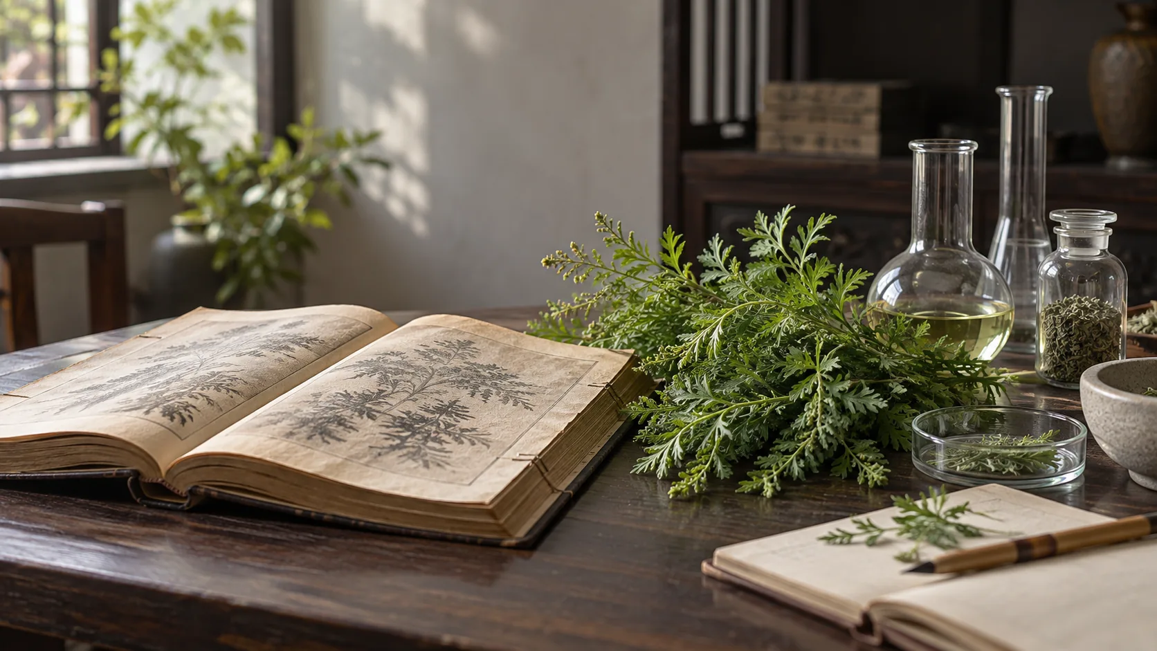 An old Chinese medical volume, fresh qinghao leaves and research glassware arranged on a quiet study table