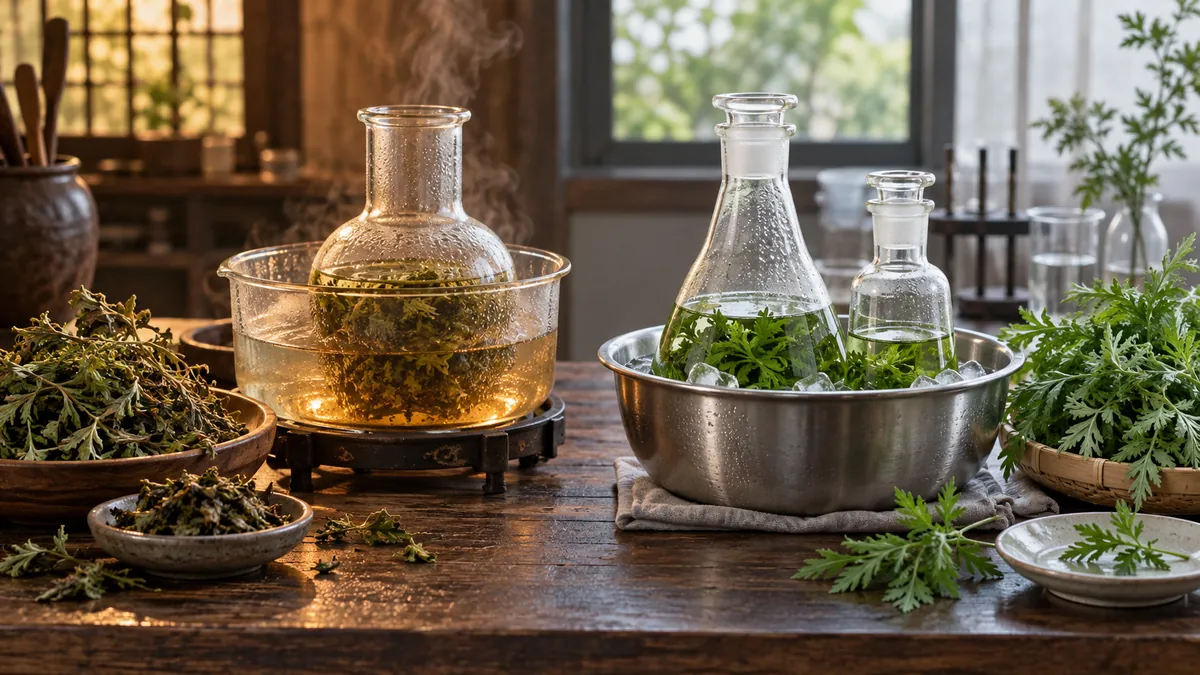 Editorial comparison of heated and lower-temperature qinghao extraction using botanical material and glass vessels