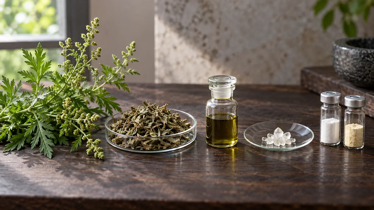 Qinghao plant, dried material, extract, crystals and research vials shown as separate stages on a table