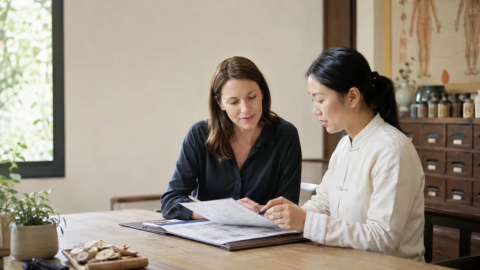 An international visitor and Chinese coordinator reviewing a planned TCM care route in a quiet consultation room
