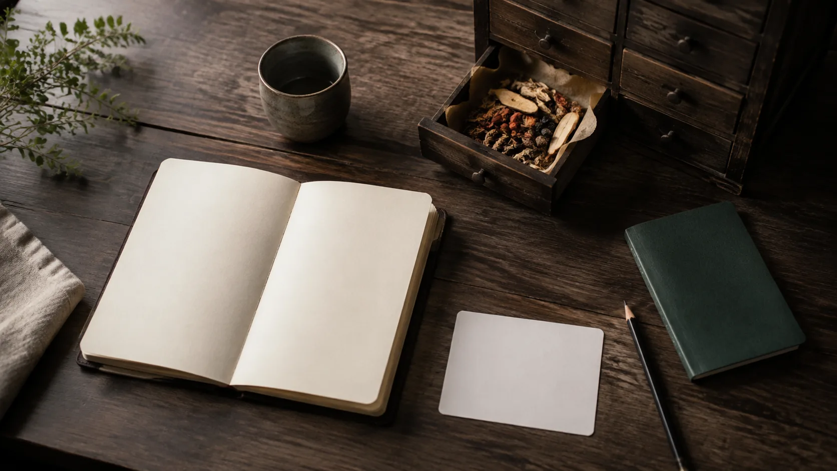 A travel notebook, blank appointment card and traditional Chinese herbal cabinet arranged for planning TCM care in China