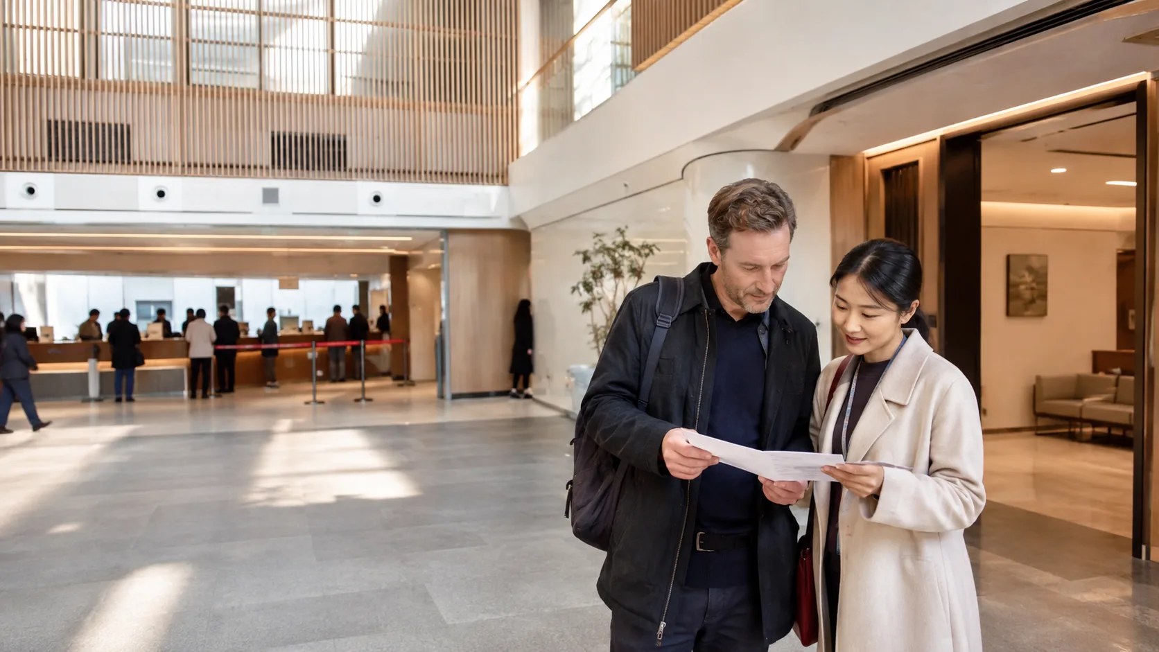 An international visitor and Chinese coordinator comparing care options inside a modern medical building in China