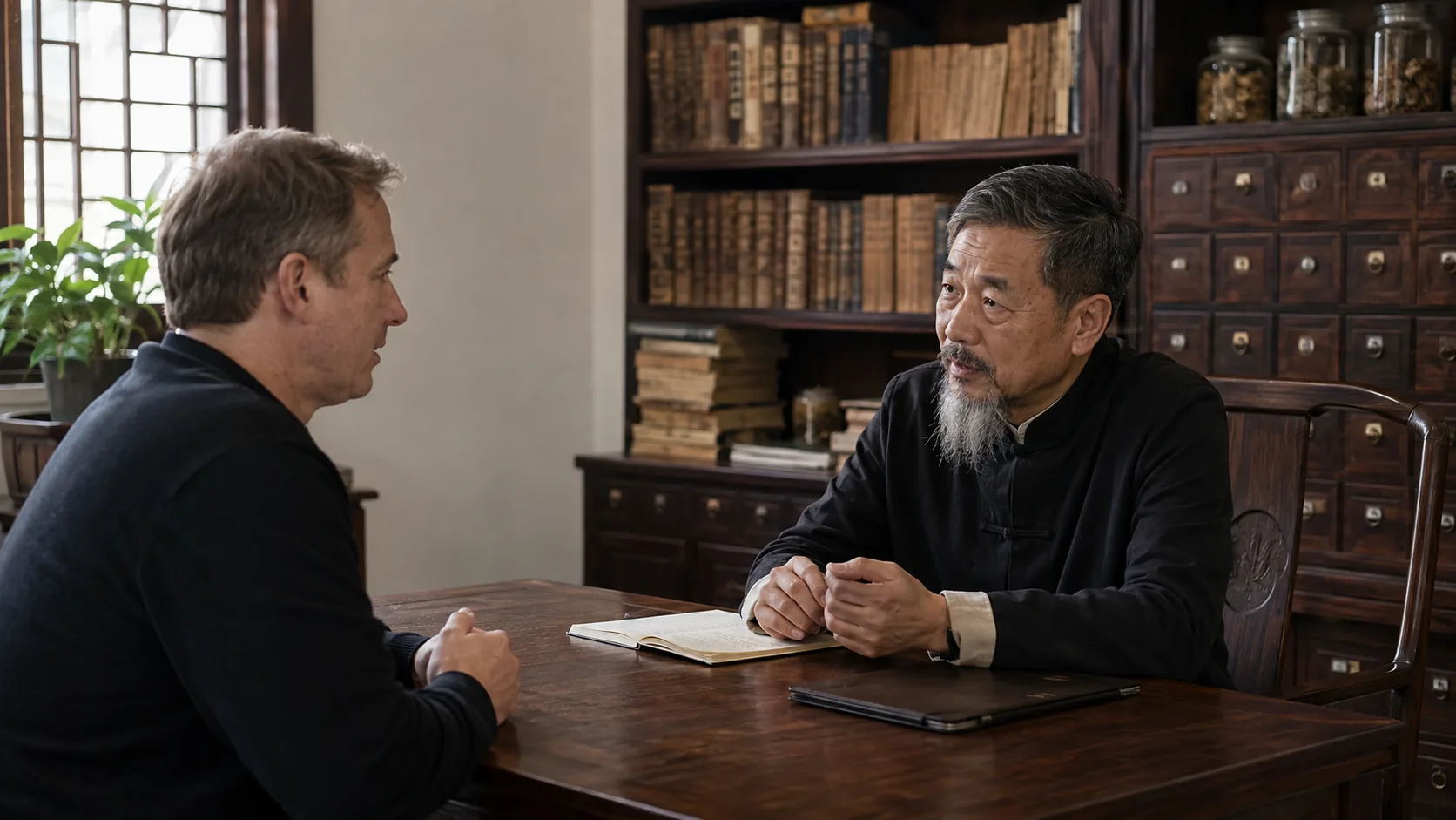 A mature Chinese medicine practitioner listening to an international visitor in a traditional study