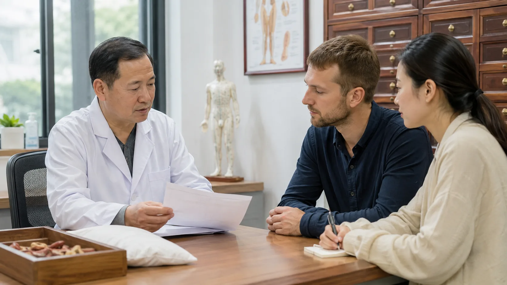 Editorial scene of a Chinese medicine practitioner speaking with an international visitor and interpreter