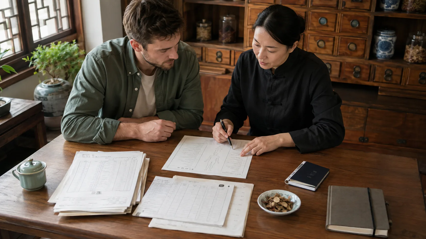 An international visitor and Chinese coordinator organizing records and a one-page health summary before a TCM visit